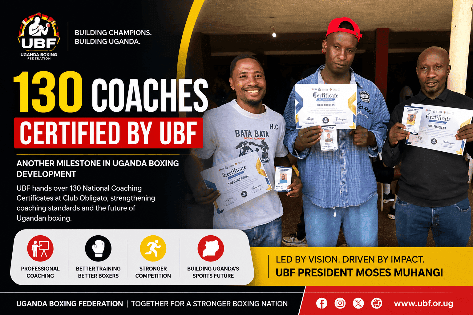 Today Uganda boxing federation has handed over 130 national coaches certificates at club obligato